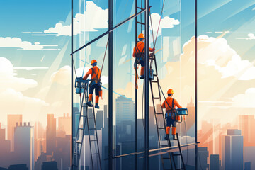 Window cleaners workers washing windows in a high-rise building, high-rise work in skyscrapers, illustration - obrazy, fototapety, plakaty
