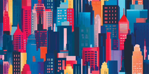 Hand drawn seamless pattern with big city New York. Vector vintage illustration with NYC architecture, skyscrapers, megapolis, buildings, downtown. - obrazy, fototapety, plakaty