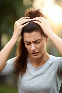 cropped shot of a woman holding her head in pain while exercising outdoors