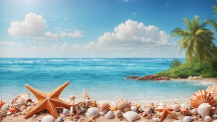 Fototapeta na wymiar A summer beach with starfish and shells