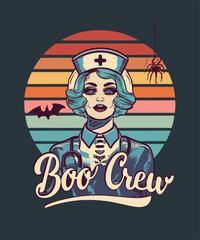 scary boo crew nurse halloween vector design retro sunset