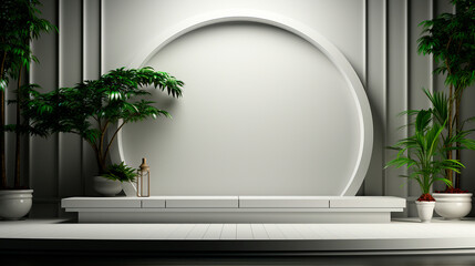 Empty Podium on White Wall Scene. Generative AI.