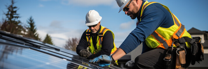 Fototapeta premium Workers install solar panels on the roof of the house banner, eco energy, green technologies, sustainable resources, banner