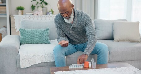 Container, senior black man and organise pills tablet, health medication or pharmaceutical...