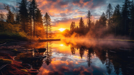 Photograph Capturing the Reflection of a Vibrant Sunrise on a Calm River Surrounded by a Forest. AI Generated 8K.