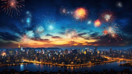 Fototapeta na wymiar Festive colorful fireworks over the city