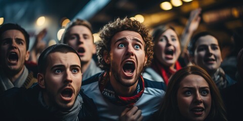 Soccer fans cheering for favourite team with bright emotions. Generative AI