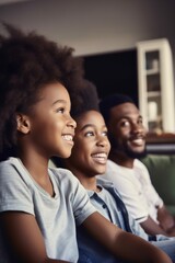 a cropped shot of a young family watching tv together