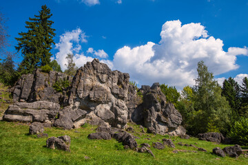 View of the practice climbing rocks near Kemnitzenstein near Bamberg/Germany in Franconian Switzerland