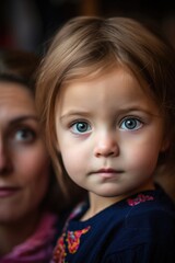 portrait of a cute little girl with her mother in the background