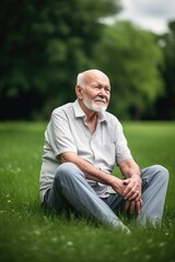a photo of a senior man sitting on the grass