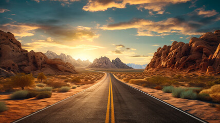 Fototapeta premium AI Generated a Photograph Depicting Open Roads Traversing Through Vast Desert Landscapes, Inviting Viewers to Embark on an Adventurous Journey, 8K.