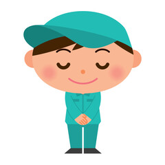 お辞儀をする作業着を着た男性