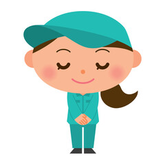お辞儀をする作業着を着た女性