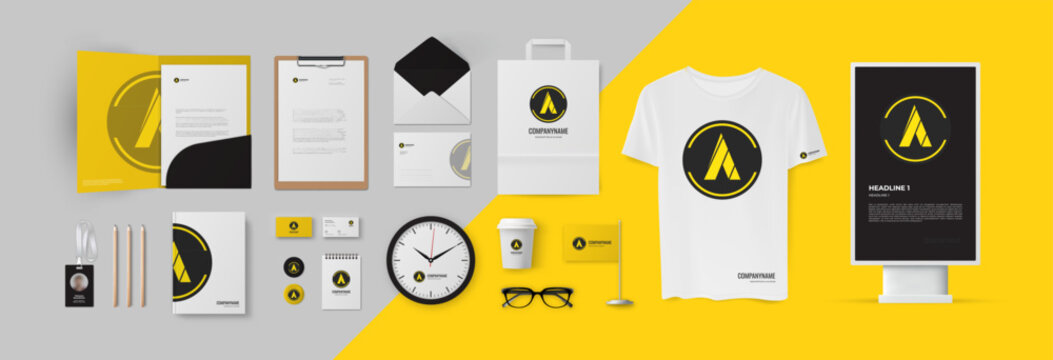 Industrial technical style corporate branding, yellow color gamma and triangle logo, circle form sign. Mega pack of stationery elements: folder, envelope, business cards and street light box.