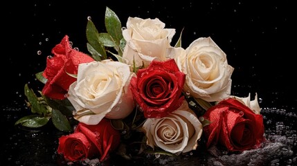 Bouquet of red and white roses with water drops on black background. Mother's day concept with a space for a text. Valentine day concept with a copy space.