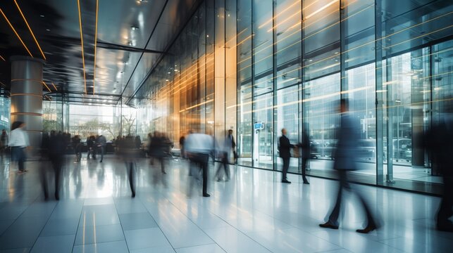 Long exposure shot of crowd of business people walking in bright office lobby fast moving with blur. Abstract blurred office interior space background. blue and orange colors. Business concept