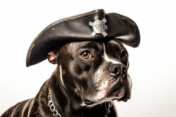Medium shot portrait photography of a funny staffordshire bull terrier wearing a pirate hat against a white background. With generative AI technology