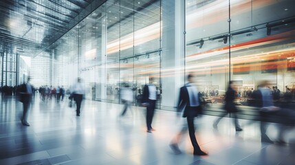 Long exposure shot of crowd of business people walking in bright office lobby fast moving with blur. Abstract blurred office interior space background. blue and orange colors. Business concept