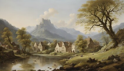 Valley with a village and castle in the mountains with trees and a small river in spring