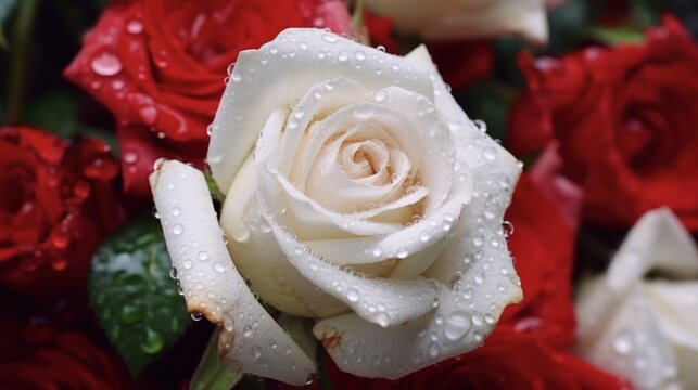 White and red roses with water droplets on the petals. Mother's day concept with a space for a text. Valentine day concept with a copy space.