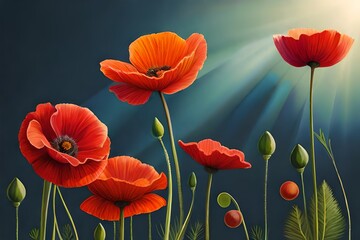 red poppy flowers, a collection of grunge oil painted poppies flowers isolated on a transparent background
