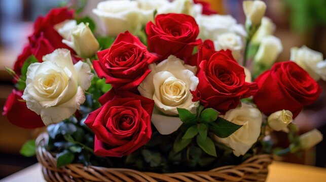 Bouquet of red and white roses in a wicker basket. Mother's day concept with a space for a text. Valentine day concept with a copy space.