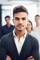 cropped shot of a handsome young man in modern office with colleagues in the background