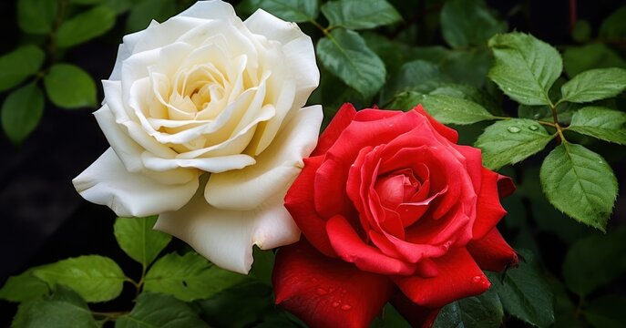 Beautiful white and red rose with water drops on petals. Mother's day concept with a space for a text. Valentine day concept with a copy space.