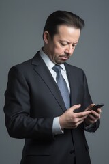 studio shot of an unrecognizable businessman using his cellphone against a grey background