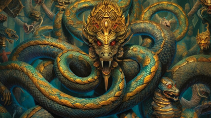 Divine Serpents: Artistic portrayals of Nagas, the serpent deities associated with Hindu mythology, AI Generated 8K.