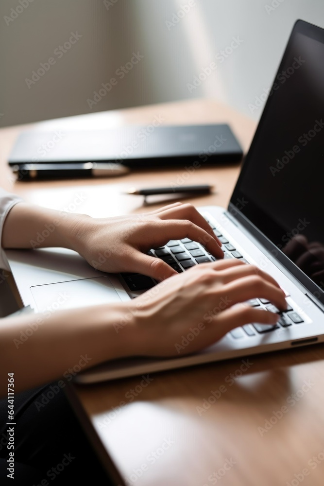 Sticker hands typing on laptop, digital communication and online management for business in the office