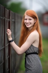 a smiling young woman standing by a fence outdoors with her arms crossed