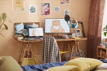 Background image of cozy and cluttered teenagers room with computer equipment, copy space
