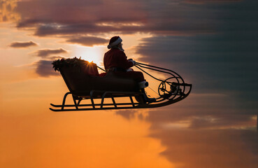 Silhouette of Santa Claus riding on sleigh in sundown time. Generative AI