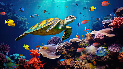 Turtle with group of colorful fish and sea animals with colorful coral underwater in ocean. AI Generative