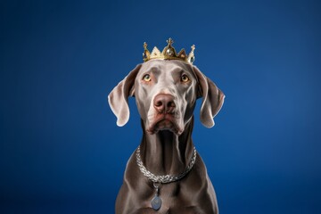 Headshot portrait photography of a cute weimaraner dog wearing a princess crown against a royal blue background. With generative AI technology