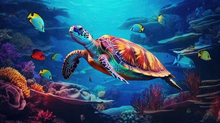 Poster Turtle with group of colorful fish and sea animals with colorful coral underwater in ocean. AI Generative © Nhan