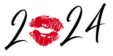 Concept de l’amour pour une carte de vœux 2024, avec un baiser symbolisé par la trace d’une bouche couverte de rouge à lèvre. - 644118364