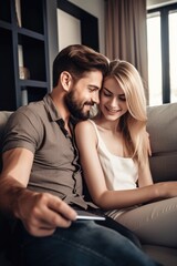 shot of a happy young couple sitting on the sofa and using a digital tablet