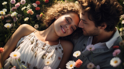 A couple in flowers field lying on a grass meadow