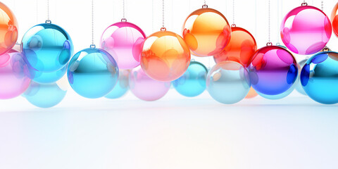 Christmas colorful balls transparent glass hanging on white background. Winter and New Year holiday xmas decoration. Banner. Copy space for text.