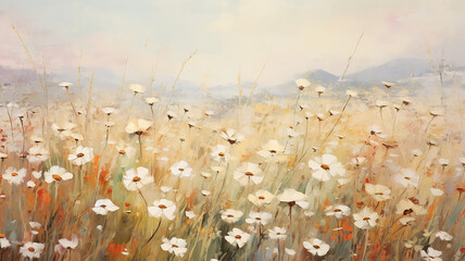 blurred background of daisies on the indian summer field oil painting impressionism.