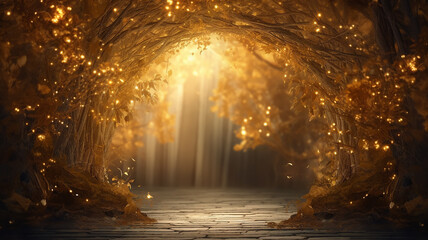 a luminous romantic autumn podium fairy tale forest, the rays fog in a round arch of yellow trees. - obrazy, fototapety, plakaty