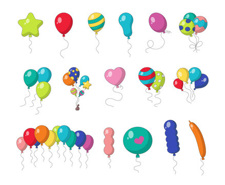 Balloons of different sizes and shapes. Bright and festive decorations. Vector drawing. Collection of design elements.