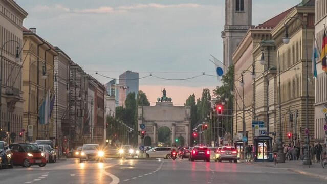 Munich (Munchen) Germany time lapse 4K, city skyline day to night timelapse at Odeonsplatz and Siegestor