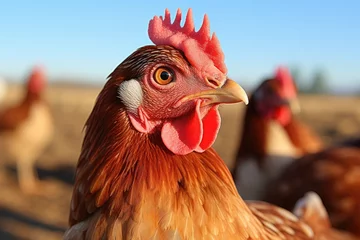 Fotobehang Chickens or hen on field - free range chickens on an organic farm, close up portrait © DenisNata