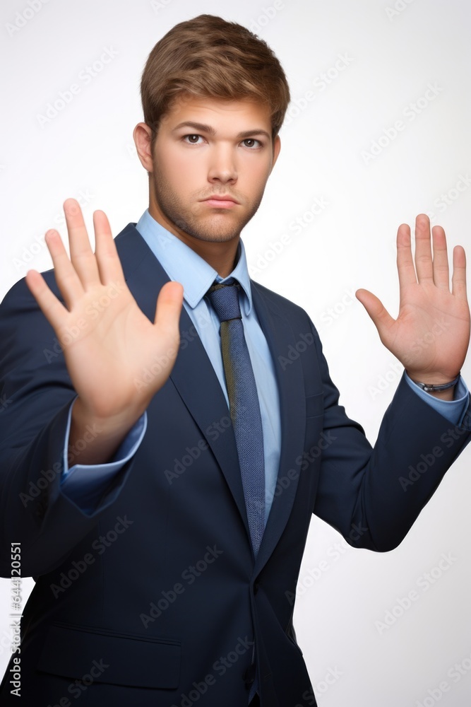 Poster portrait of a handsome young businessman gesturing for you to stop