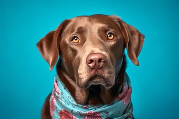 Lifestyle portrait photography of a funny labrador retriever wearing a bandana against a turquoise blue background. With generative AI technology