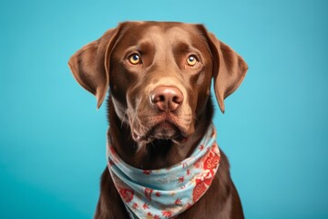 Lifestyle portrait photography of a funny labrador retriever wearing a bandana against a turquoise blue background. With generative AI technology